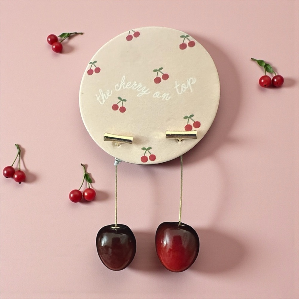Cherry‎ Dangle Earrings With Gold Wire New The Cherry On Top Brand.
